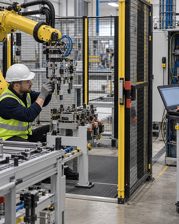 Engineers commissioning robot tooling and production-cell interfaces in a controlled state.